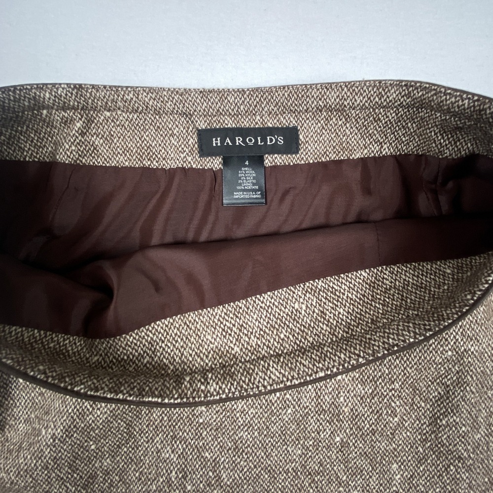 Harold's Brown Tweed Wool Silk Blend Flared Midi Skirt Leather Trim NWT Size 4 - Picture 4 of 8